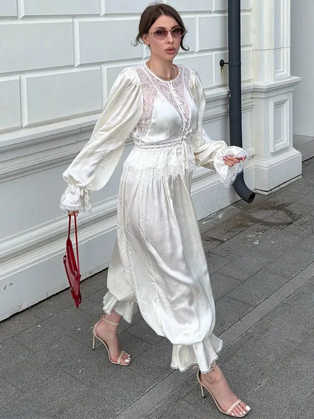 Women Pant Set Satin Lace Round Neck Puff Long Sleeve Button Front Drawstring Waist Blouse Cuffed Ruffle Hem Pants Elegant Suit