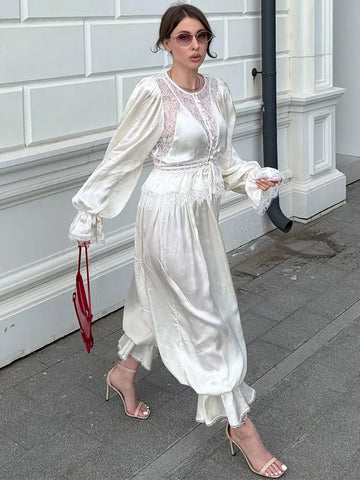 Women Pant Set Satin Lace Round Neck Puff Long Sleeve Button Front Drawstring Waist Blouse Cuffed Ruffle Hem Pants Elegant Suit