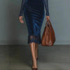 Elegant Women's Slim Dress Sexy Lece Sleeve Hollow Out Velvet Lace Splice Party Evening Vintage Casual Midi Dress for Spring