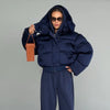 Solid Hooded Cropped Puffer Jacket Women Stand Collar Snap Button Loose Long Sleeve Jackets Winter Casual Warm Padded Coat