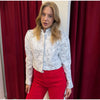 Floral Print Stand Collar Blazer Coat Women Asymmetric Placket Chest Pocket Padded Shoulder Outwear Long Sleeve Suit Jacket
