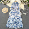 Court Style Long Dresses for Women Floral Print Flare Sleeve Stand Collar Female Elegant Vestidos Chiffon Maxi Dress