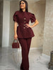 Vintage Elegant Two Piece Set Women Matching Sets Office Lady Single-breasted Puff Sleeve Blazer Coat and Wide Leg Pant Suits