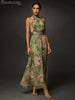 Elegant Printed Ruffle Maxi Dress Women Chic High Neck Puff Short Sleeve Waist-cinching Bodycon Dresses Lady Vacation Robes