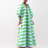 Elegant V-neck Puff Sleeve Long Dress Women's Striped Print Loose Swing Party Dress Casual High Waist Pleated Maxi Dress