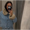 Furry Trim Cropped Denim Jacket Single Breasted Long‑Sleeve Winter Women Warm Outerwear Versatile Lady Casual Jean Coat