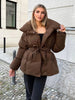 Casual Solid Lace Up Cotton Coat Women Chic Lapel Long Sleeve Warm Loose Pocket Short Jacket Winter Lady Commute Street Outwear