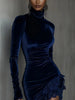 Long Sleeve Lace Patchwork Sexy Velvet Dress Women Autumn Winter Turtleneck Party Dress Elegant Slim Simple Ladies Dress