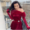 Fur Paneled Off-Shoulder Rhinestone Mini Dress Burgundy Velvet Pleated Evening Elegant Women Dresses Party Chic Lady Gown