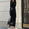 Spring Autumn O-Neck Elastic Knit Long Dresses Women Elegant Chic Soft Lady Hollowing Sweater Dresses Femme