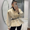 Women's Chic Waist-cinching Short Trench Coat Solid Long Sleeve Shoulder Pad Cropped Jackets Autumn Street Commute Outwear