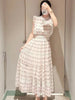 Kuzuwata Fresh Mid-length Print High Waist Robe Gentle Literary Lace Up Pleated Slim Mujer Japan Elegant Dress