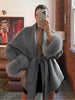 Women's Solid Lapel Woolen Coat Elegant Full Sleeves Lace Up Loose Patchwork V-neck Overcoat Winter Office Commute Jacket