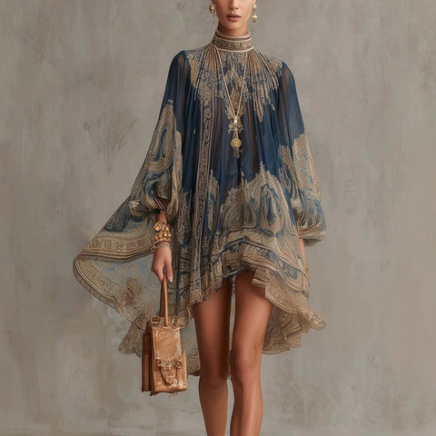 European and American Turtleneck Printed Chiffon Dress Loose Vacation Style Shawl Long-Sleeved Women's Dress