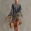European and American Turtleneck Printed Chiffon Dress Loose Vacation Style Shawl Long-Sleeved Women's Dress