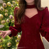 Red Velvet Elegant Party Women's Mini Dresses Christmas Wram French Vintage Dress Ladies Casual Korean Vestidos Year