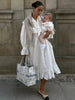 Elegant Chic Lace Maxi Dress White Cotton Autumn Spring Long Sleeve Women Dresses Loose Hollow Out Holiday Vestidos