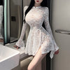 Women's Autumn Mesh Lace Hollow Out White Short Dress Women Micro Flare Sleeve See Through Translucent Sexy Girl's Mini Dress
