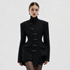 Women Black Blazer Stand Collar Metal Buckle V-Neck Hollow Waist Slim Fit Party Long Suit Jacket
