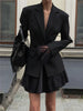 One Button Lace Blazer Women Black Slim V-neck Full Sleeve Shoulder Pads Jacket Fall Office Lady All-match Outwear