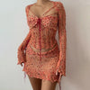 Sexy Sequined Knitted Sweater Party Dresses 3 Piece Skirt Sets Womens Outfits Flare Long Sleeve See Through Clue Wear Dress