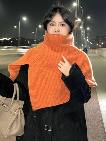 Women 100% Wool Short Poncho Turtleneck Shawl Wraps Thick Ribs Knitted Accessories Cape Soft Wool Scarf Neck Warmer Cappa