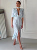 Floral Printed Chiffon Long Dress Women Chic Deep V-neck Lace Patchwork Mini Sleeves Slim Fit Dresses Lady Daily Wear