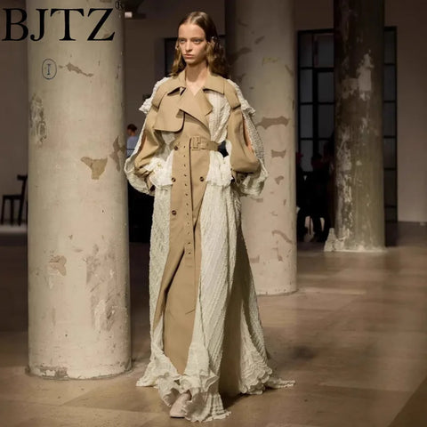 Niche Lace Splicing Design Blazer Sense Spring Women Highend Belted Jacket Slim Long Irregular Suit Trench Coat