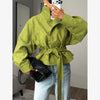 Green Oversized Belt Overcoat Women Elegant Long Sleeve Pleated Lapel Lace Up Windbreaker Autumn Lady Daily Street Outerwears