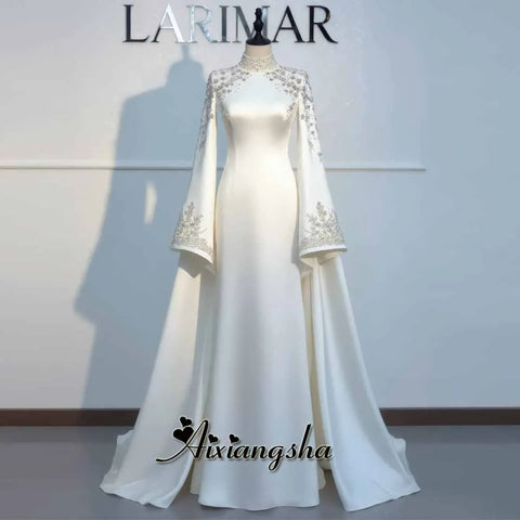 Aixiangsha Charming Prom Dresses for Woman with High Neck Appliques Mermaid Flare Sleeves Satin Vestidos De Festa Customized