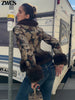 Printed Faux Fur Splicing Jacket Autumn Winter V-neck Slim Waist Cinched Full Sleeve Cropped Coat Women's Outwear