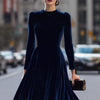Autumn Simple Elegant Navy Blue Long Dresses For Women High Collar Long Sleeve High Waist Temperament Female Style Dress