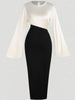 Women Maxi Dress Bell Sleeve Color Block Satin Bodycon Casual Dresses Elegant Spring Sexy Evening Wedding Guest Party Date Dress
