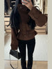 Autumn Winter Ladies Cropped Trench Jacket Faux Suede Double‑breasted Stand Collar Belt Waist Slim Fit Casual Outerwear Coat