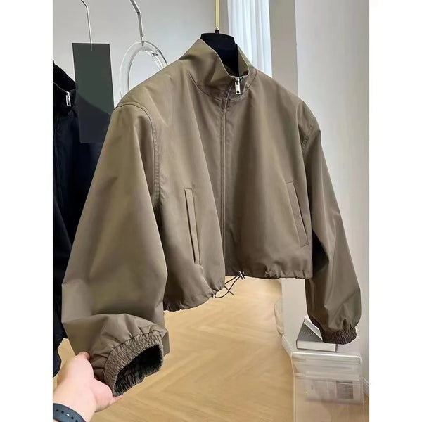 Autumn Korean Style FeelDesign Stand Collar Cropped Jacket For Women Petite Workwear Elegant Casual Chic Tops