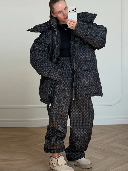 Print Hooded Puffer Coat Set Women Quilted High Neck Full Sleeve Zip Pockets Jacket Wide Leg Pants Winter Warm Sets