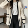 Autumn Vintage Mid Long Sweater Cardigan Woman Preppy Style Contrast Color Knitted Coat No Button Casual Street Open Outerwear