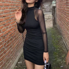 Mesh Patchwork Half High Neck Women Dresses Black See Through Long Sleeve Skinny Clubwear Female Mini Dress Bodycon