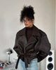Casual Black Leather Lace Up Short Jacket Women Long Sleeve Zipper Lapel Loose Button Coat Lady Daily High Street Outerwear