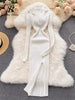 Women Korean Knitted Dress Long Sleeve V Neck Elastic Slim Pencil Dresses Autumn Sexy Bodycon Split Sweater Dress