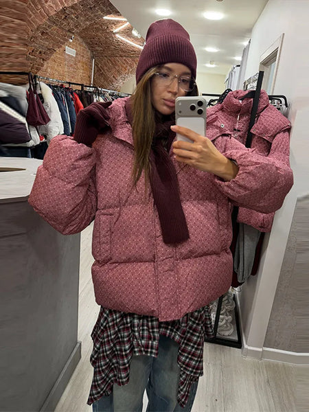 Women All Over Print Hooded Puffer Jacket Loose Oversized Zip Up Winter Warm Coat Detachable Streetwear Casual Outerwear