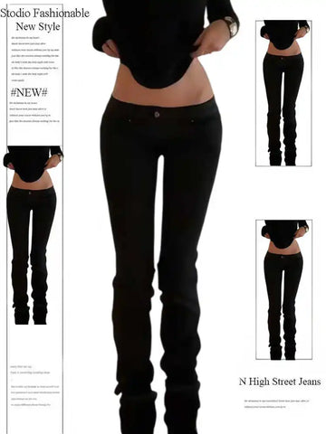 Women's Denim Pants Low Rise Jeans American Retro Black Bootcut Jeans Y2k 2000s Harajuku Skinny Jeans Stretch Japanese Gyaru