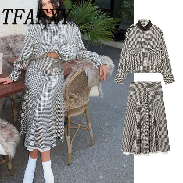 TFAFXY2026 Spring Casual Chic Women Checked Stand Collar Single Breasted Zipper Pockets Jacket Midi Skirt Street Set