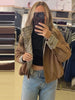 Brown Stand Collar Short Jacket Classic Plaid Contrast Cuff Oversized Casual Coat Autumn Lady Daily Street Outerwear