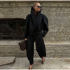 Black Stand Collar Woolen Coats Women's High Street Buttons Full Sleeve Short Overcoats Autumn Female Solid Outwear