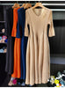 Spring Pleated Women's Bud Dress Round Neck Elegant Mid-Length V Collar Famale Clothing Chic 2DB6618