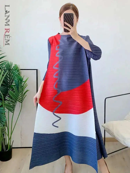 Long Pleated Dress For Women Round Neck Color Block Loose Style Printing Elegant Ladies Festival Party Clothing 2R8600