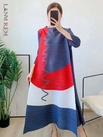 Long Pleated Dress For Women Round Neck Color Block Loose Style Printing Elegant Ladies Festival Party Clothing 2R8600