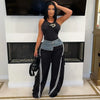 Women Denim Patchwork Pocket Side Wide Leg Loose Jogger Pants Active Jean Splicing Sweatpants Trousers