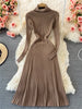 Women Pleated Knitted Dress Turtleneck Long Sleeve Elastic Slim Pencil Dress Autumn Winter Sexy Bodycon Sweater Dress